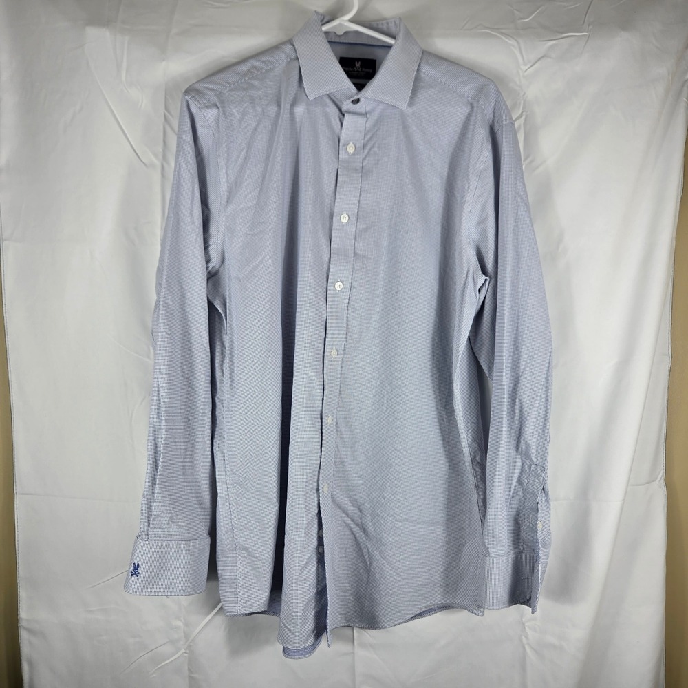 Psycho Bunny Mens Modern Fit Stretch Non Iron Dress Shirt Blue Dot 16 34/35